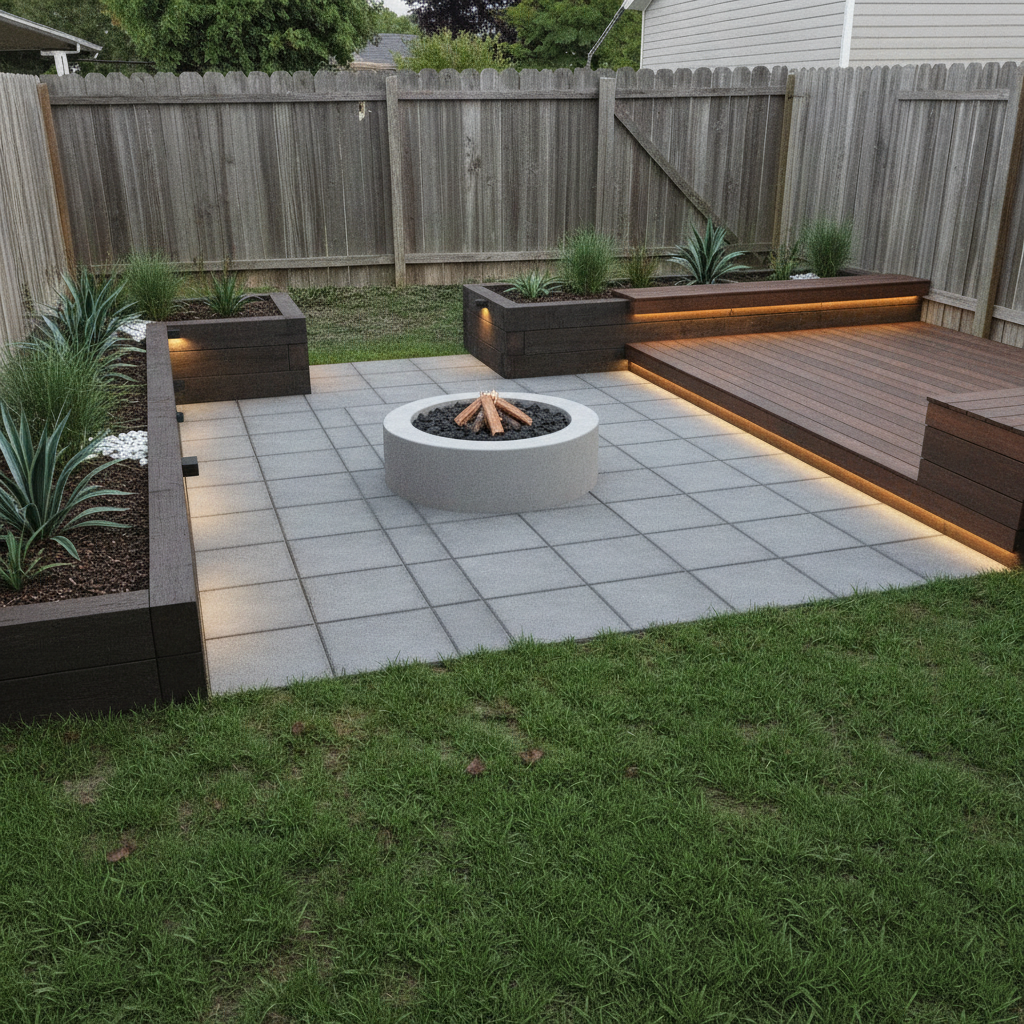 The same backyard redesigned with a modern patio and fire pit